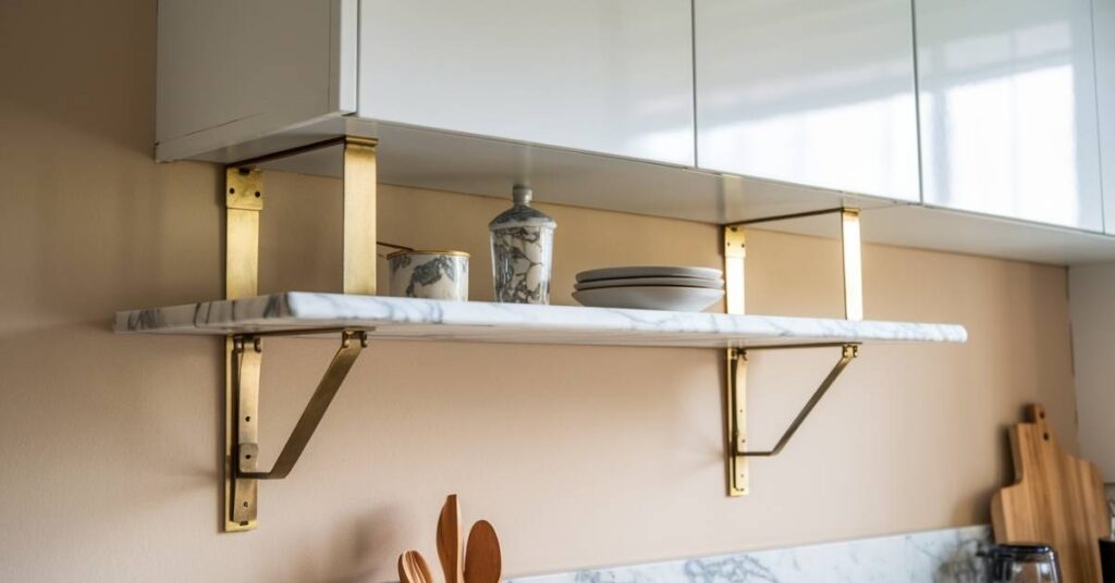 A Marble Floating Kitchen Shelf Attached With Brass Brackets