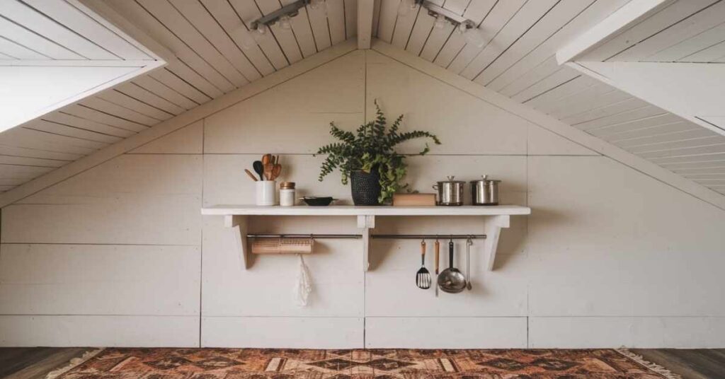 A White Floating Kitchen Shelf Right Underneath the Sloped Ceiling