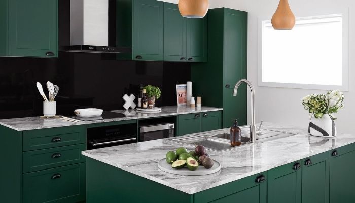 Dark green color kitchen cabinets