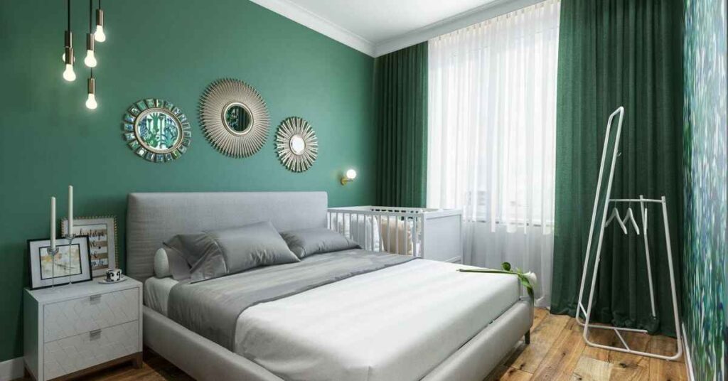 Emerald green and grey bedroom walls 