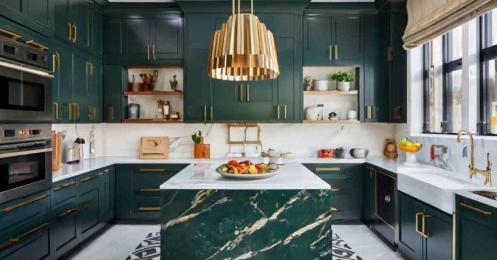 Emerald green color kitchen cabinets 