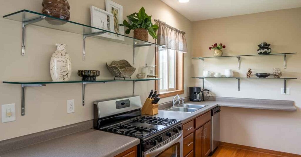 Floating Glass Shelves Kitchen Idea for A Delicate Twist