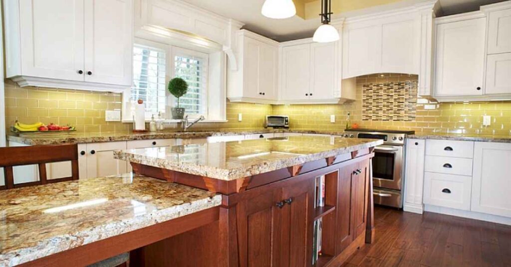 Floating Kitchen Shelves Made Out of the Same Marble as the Backsplash 