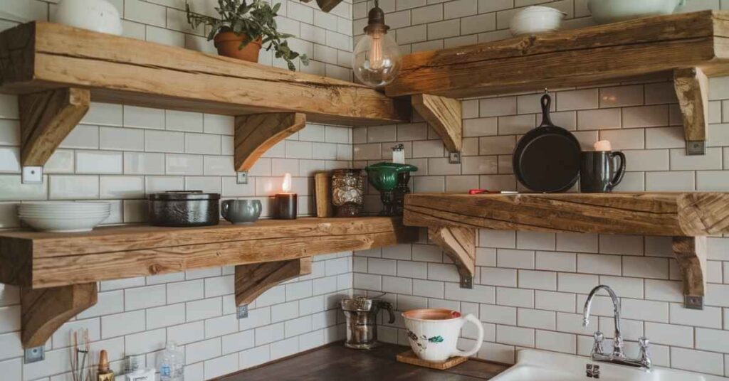 Floating Kitchen Shelves Wrapped Around the Tiled Kitchen Wall