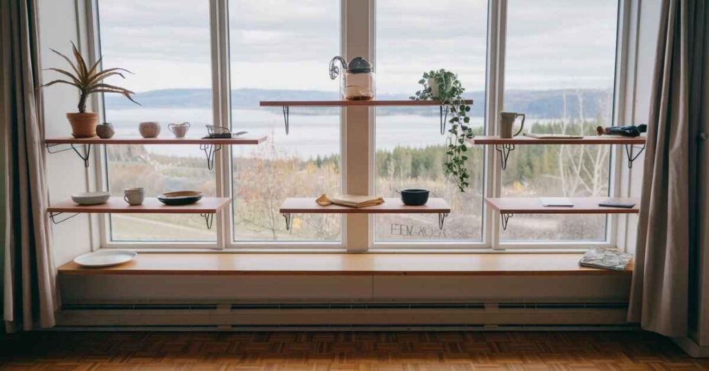 Floating Kitchen Shelves in Front of a Window