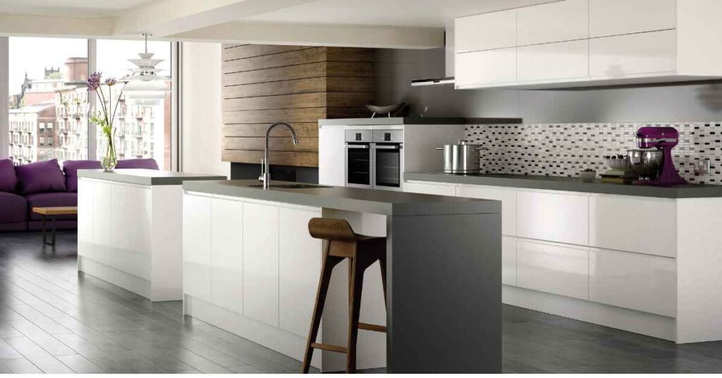 Grey kitchen with white worktop 