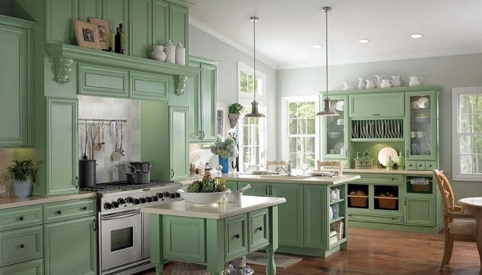 Light green color kitchen cabinets