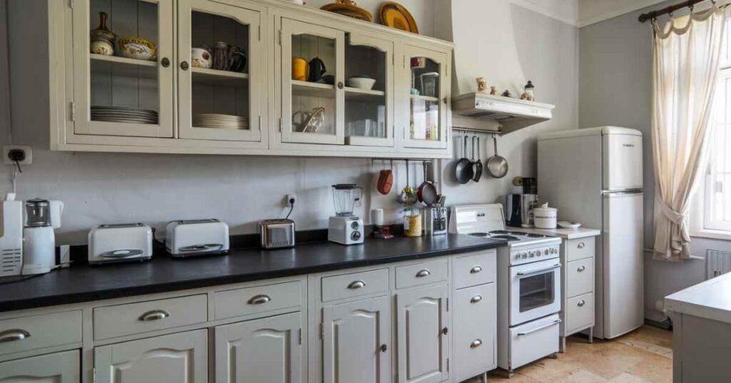 Light grey kitchen cabinets with black countertops 