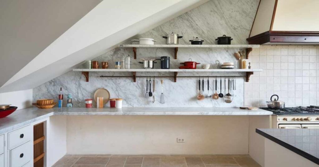 Marble Floating Kitchen Shelves Fill the Area Underneath the Sloped Ceiling