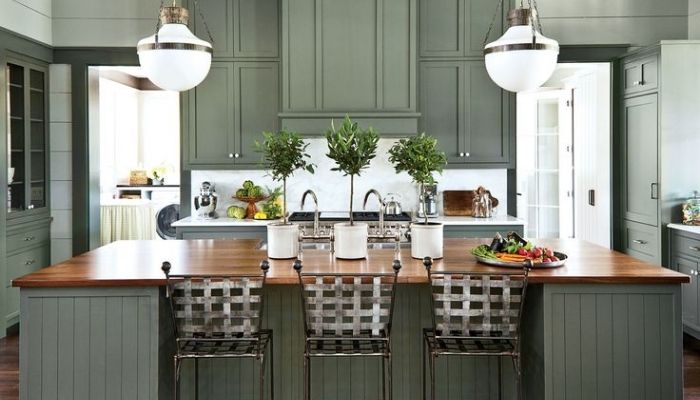 Sage green color kitchen cabinets