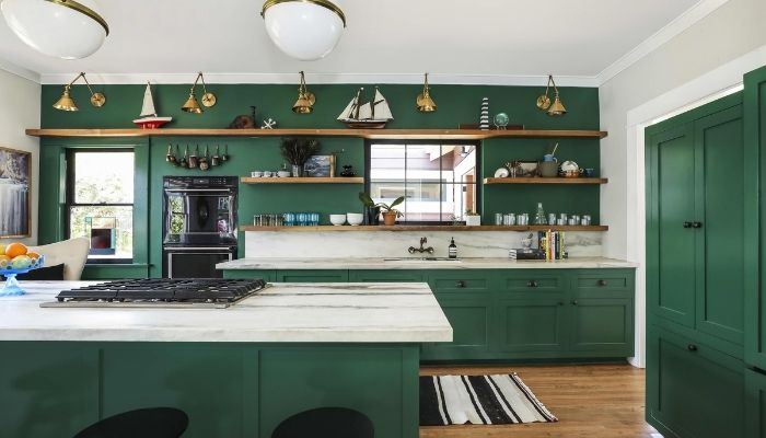 Sea-green kitchen cabinets