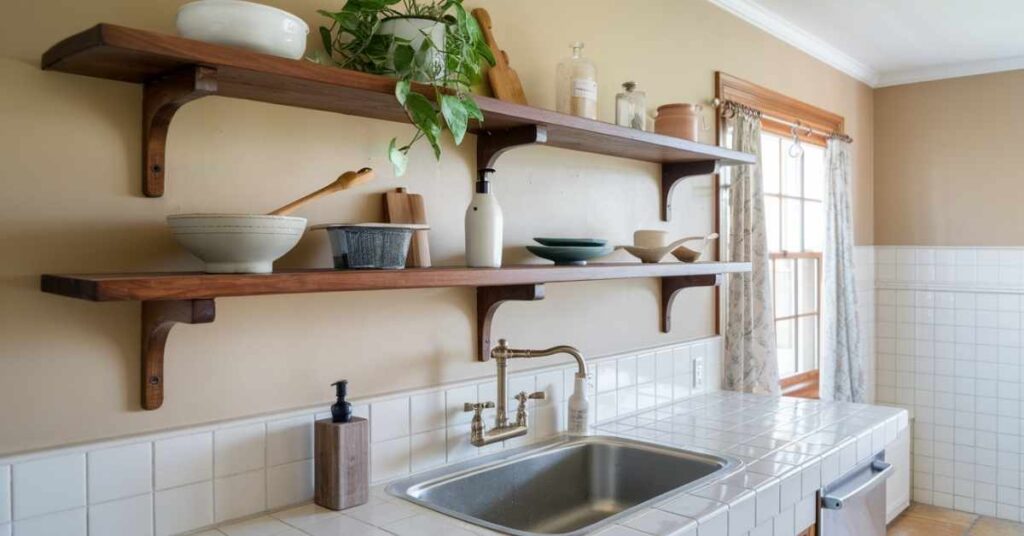 Space Saving Floating Shelves Above Kitchen Sink