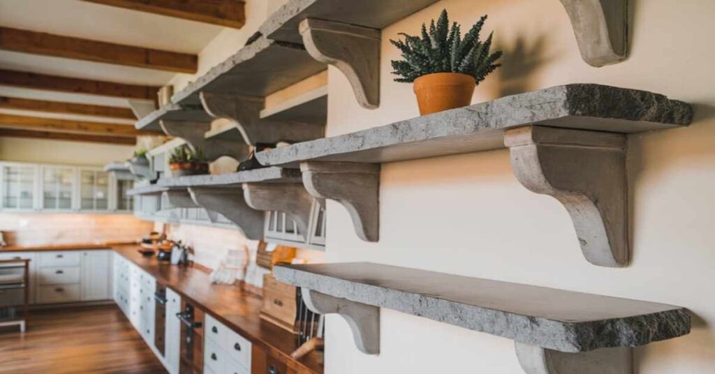 Stone Floating Kitchen Shelves Installed With Stone Brackets