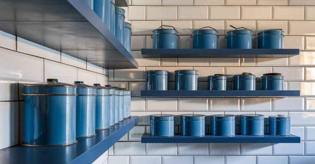 Tin Blue Floating Kitchen Shelves Contrast Against a White Tile Wall 