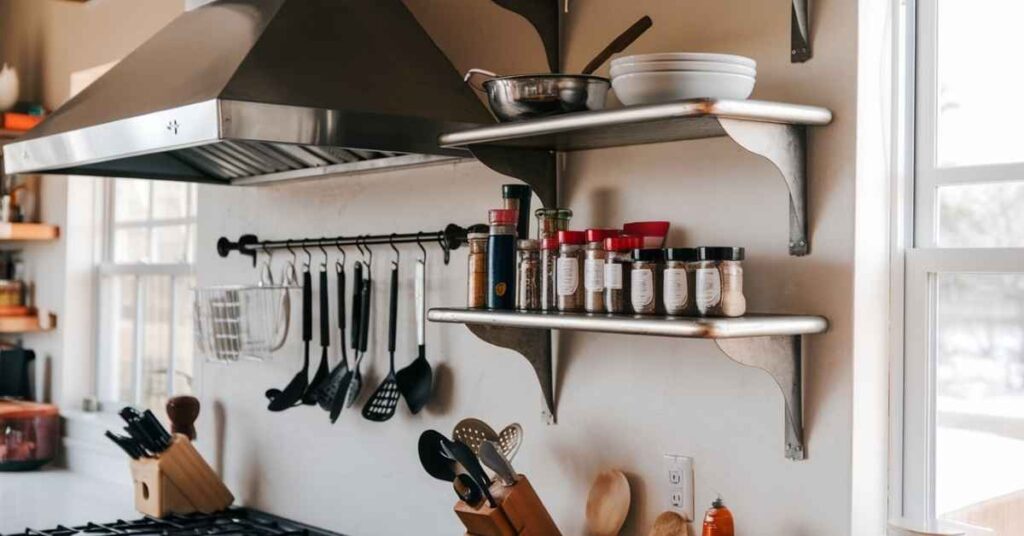 Tin Floating Kitchen Shelves Next to the Stove Hood