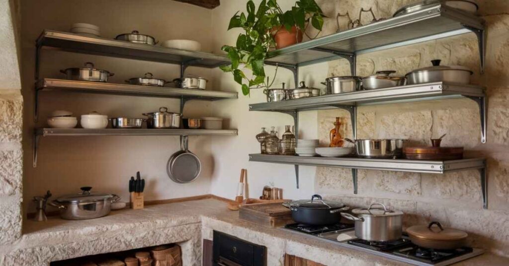 Tin Floating Kitchen Shelves for Aesthetic Purposes Enhance a Room Design