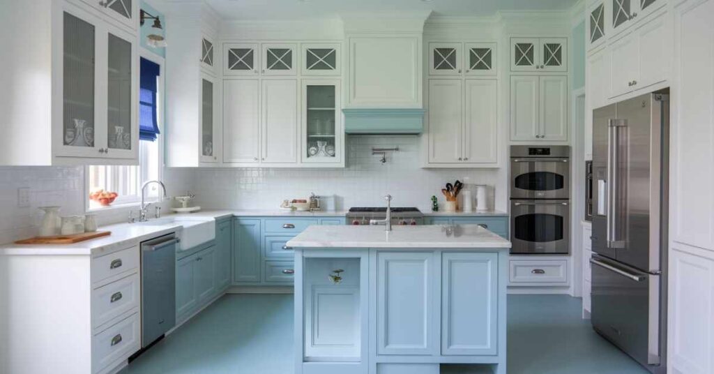 Two tone blue and white kitchen cabinets