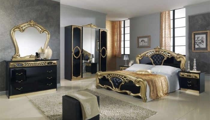 Vintage black and gold bedroom furniture with mirror 