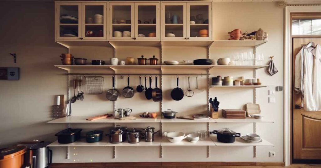 Wall-to-Wall Floating Kitchen Shelves With Closed Storage on Top