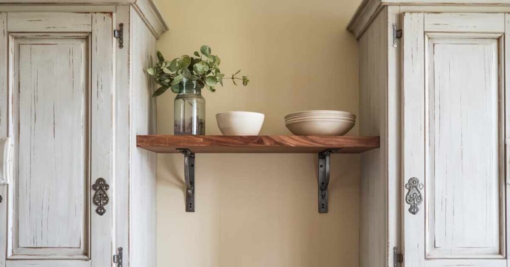 Walnut Floating Kitchen Shelves Connect Two Tall Cupboards Together