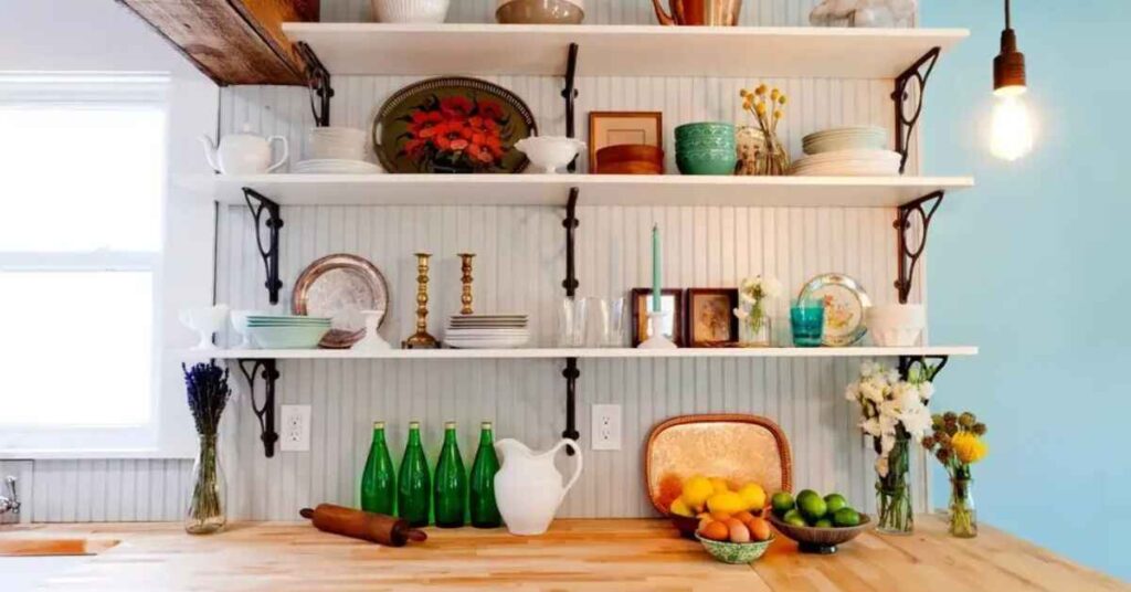 Walnut Floating Kitchen Shelves in a Corner Kitchen Layout 