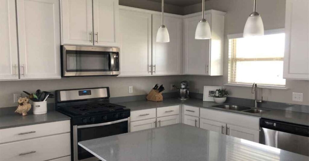 White Dove Kitchen Cabinets with Agreeable Gray Walls 