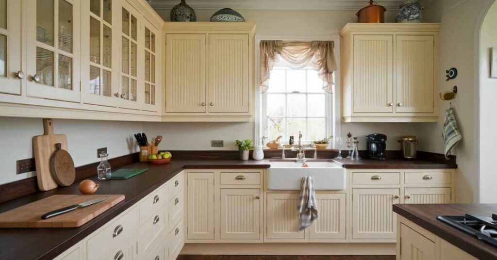 cream kitchen cabinets with dark countertops 