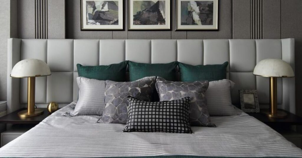 olive green and grey bedroom 