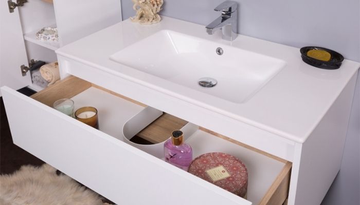 Floating bathroom cabinets with drawers