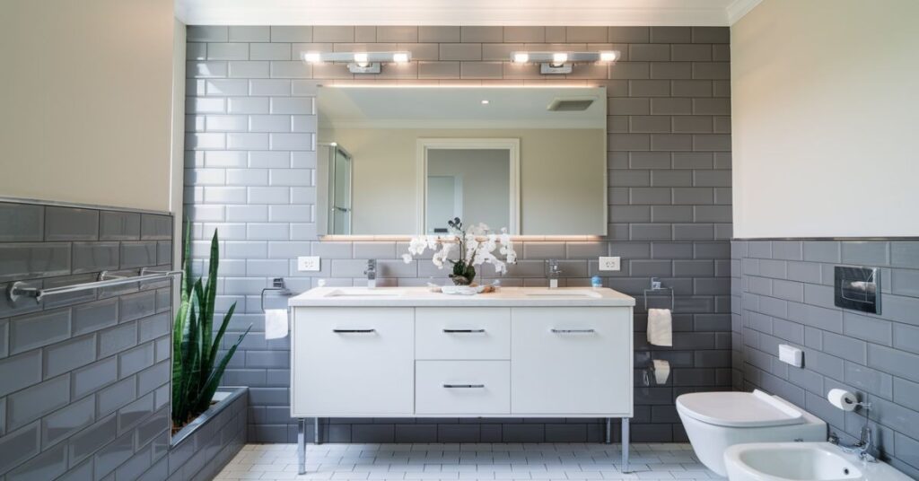 Modern Bathroom Vanity with Gray Tile Designs 