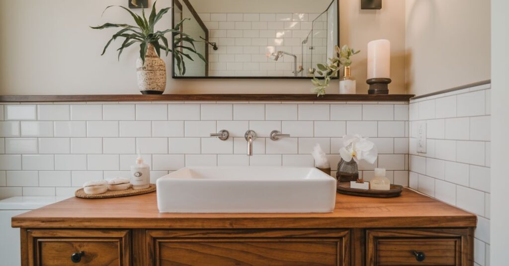 Modern Bathroom Vanity with Wood Accents and Subway Tile Backsplash 