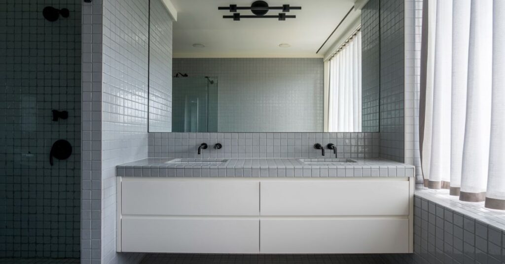 Modern Bathroom with Gray Ceramic Backsplash 