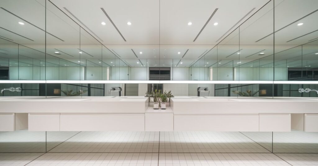 Modern White Bathroom Vanity Ideas with a Mirrored Backsplash 