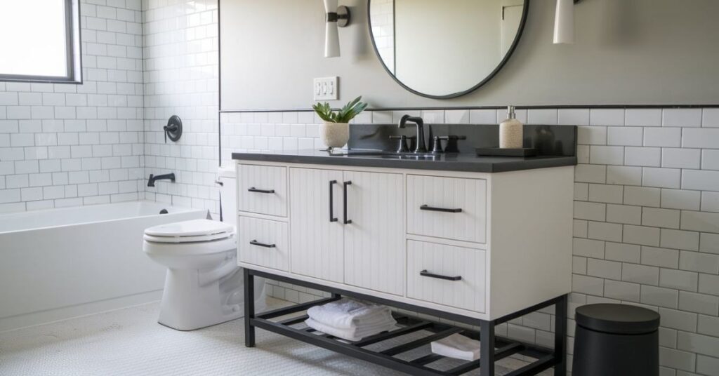 Modern White Bathroom Vanity with Black Touches 