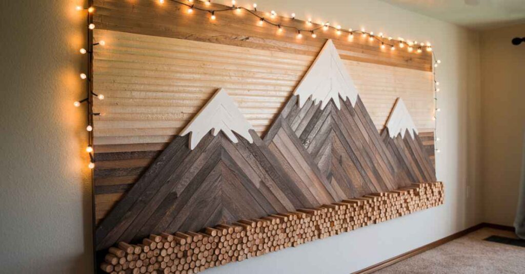 Wood mountain wall art with lights 