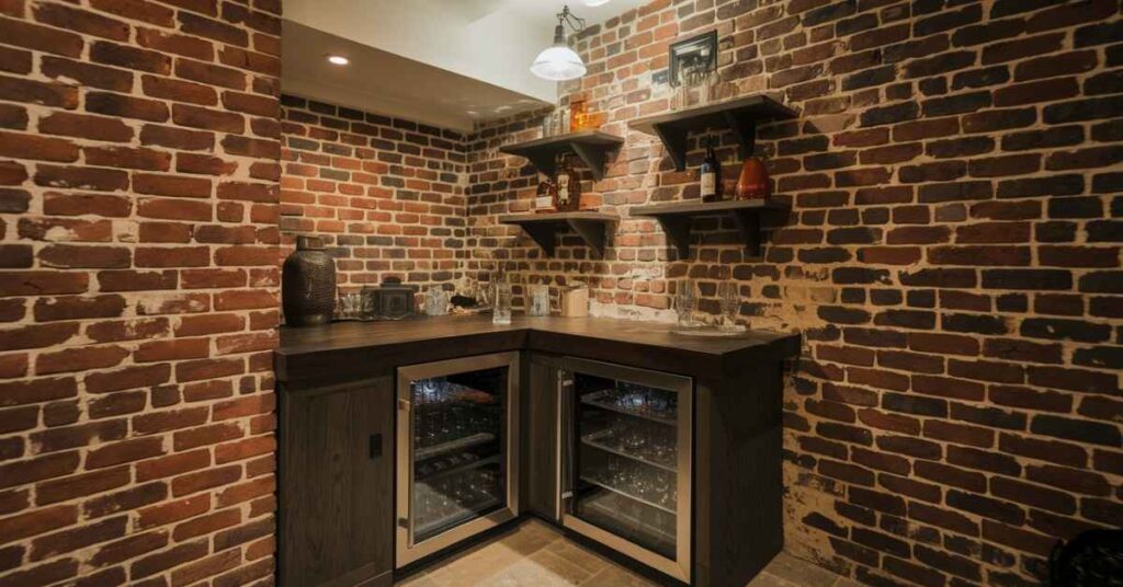 Basement Wet Bar With Exposed Red Brick Wall