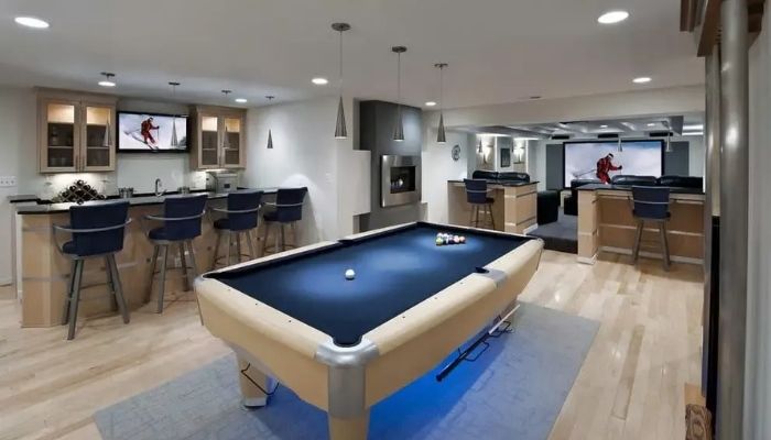 Contemporary Blue Basement Dining Area