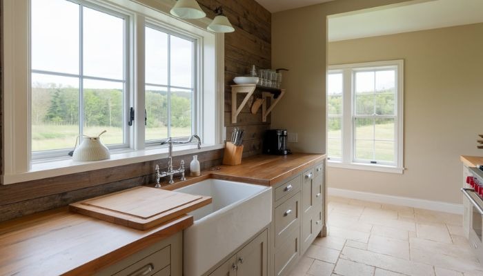 Farmhouse Sink with Wooden Back Splash 