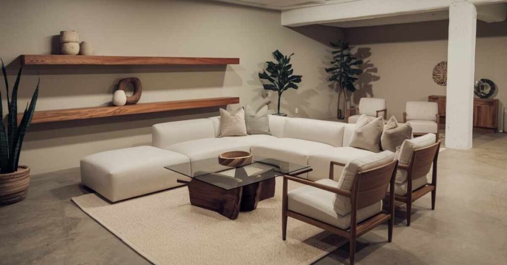 Neutral Basement Features a Sectional and Wood Accents