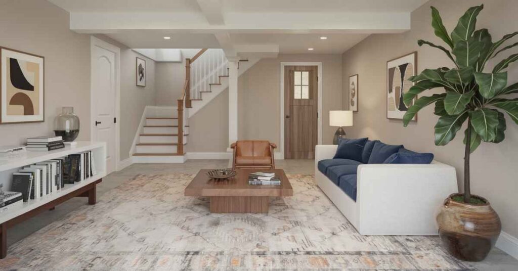 Neutral Contemporary Basement Gets Comfy