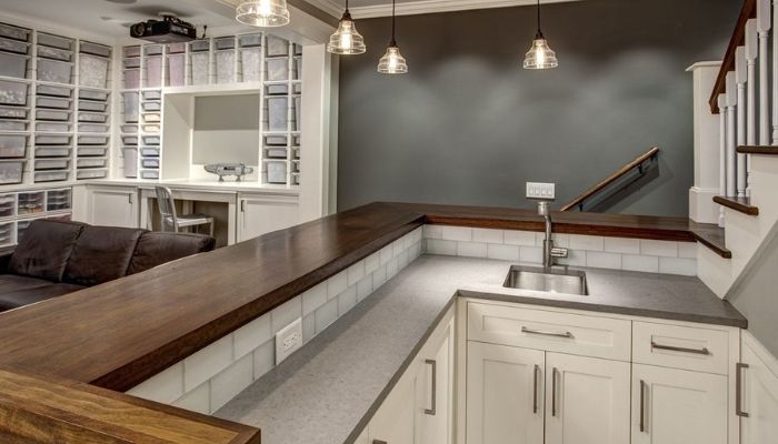 Transitional Basement Bar With Built-In Wine Storage