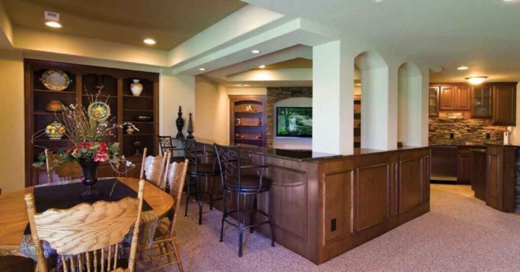 Transitional Basement Family Room With a Wet Bar